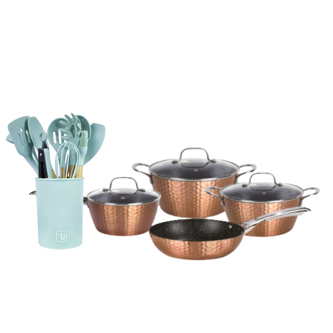 Kit Batería Cocina 7 Pza + Set 12 Utensilios Calipso Simplit