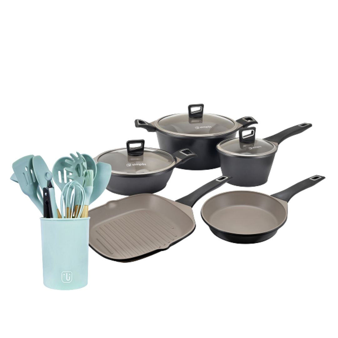 Kit Batería Cocina 8 Pza + Set 12 Utensilios Calipso Simplit