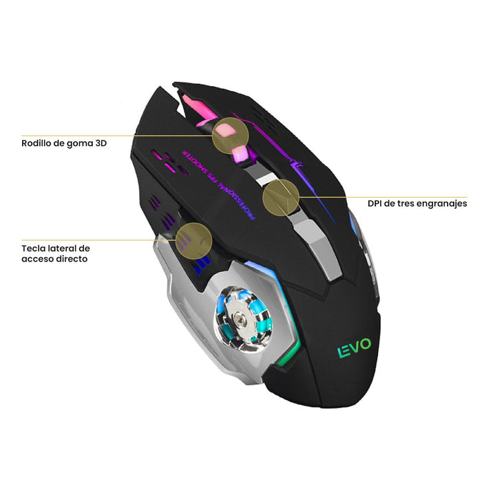 Mouse Gamer Inalámbrico 6 botones Luz Led Levo
