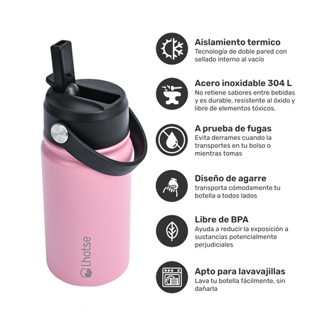 Botella Térmica Niño Hydro 360ml Rosado + 2 Tapas Lhotse