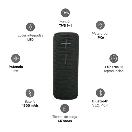 Parlante Portátil Inalámbrico Bluetooth Pulse On Black